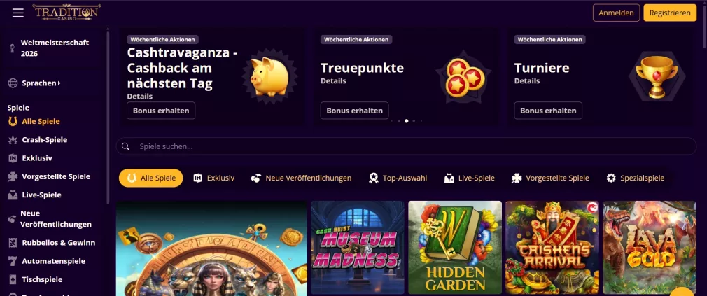 Tradition Casino 400% Einzahlungsbonus und Cashback-Versicherung